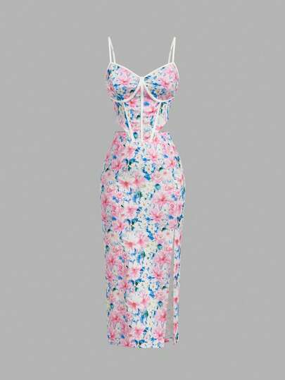 SHEIN MOD Plus Size Women's Vintage Palace-Style Pink & White Floral Print Fishbone Cut Top And High Waist Slit Skirt 2-Piece Set