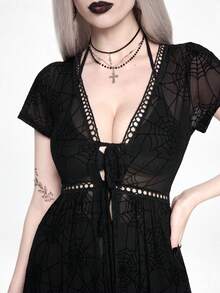 ROMWE Áo khoác cardigan voan mỏng họa tiết mạng nhện phong cách Gothic cho kỳ nghỉ xuân/hè trên bãi biển - màu đen - Xem 2