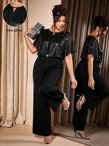 Allurite Plus Size Women's New Elegant Crew Neck Casual Loose Silver Foil Mesh Jumpsuit, Suitable For Party, Daily Wear, Commuting - Black - View 1