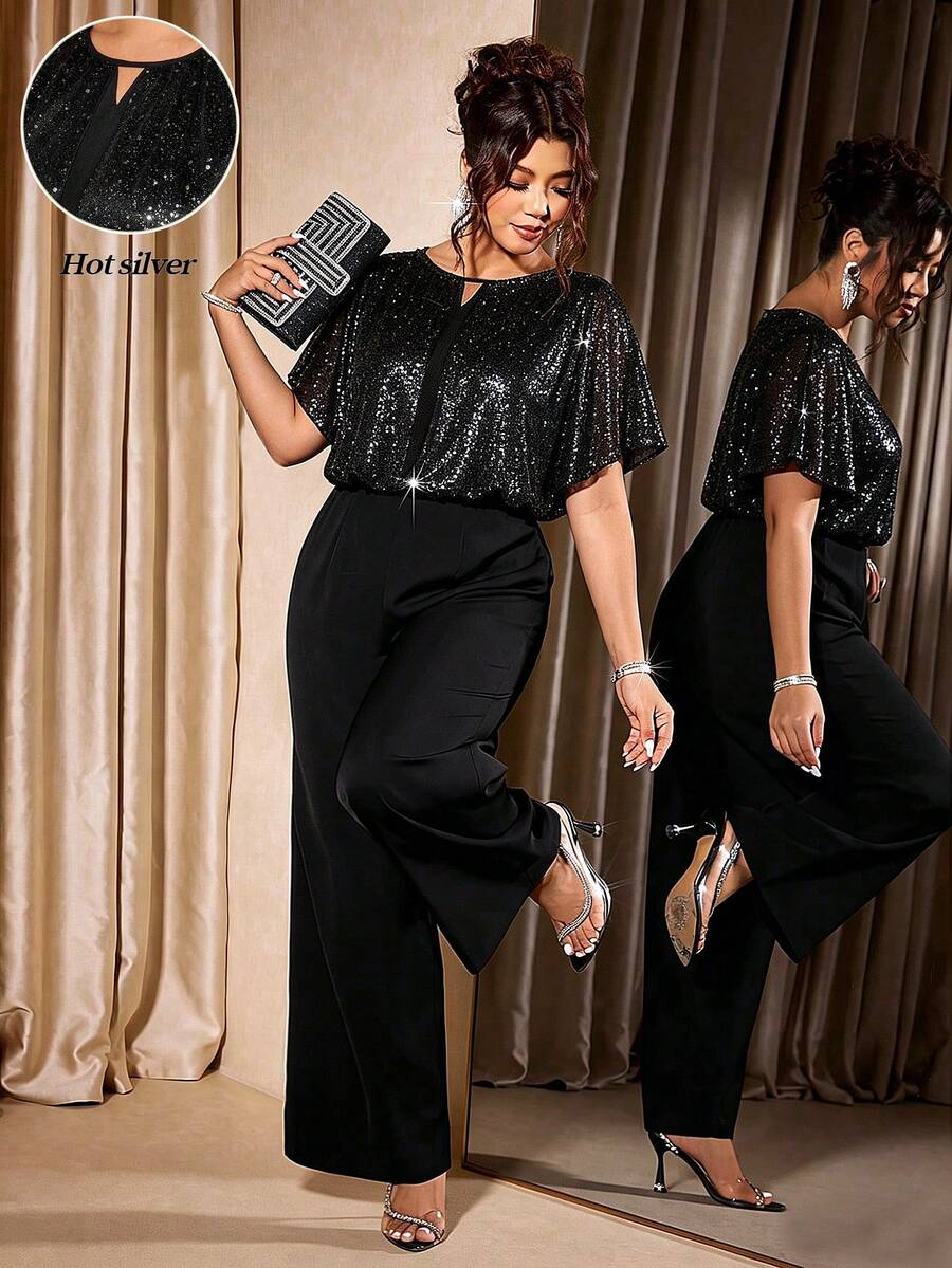 Allurite Plus Size Women's New Elegant Crew Neck Casual Loose Silver Foil Mesh Jumpsuit, Suitable For Party, Daily Wear, Commuting - Black - View 1