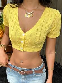 SHEIN EZwear Áo khoác cardigan ngắn tay, cài một hàng cúc, dáng lửng dành cho nữ - Màu vàng - Xem 11