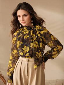 Anewsta Women's Autumn Mandarin Collar Vintage Textured Chiffon Fabric Floral Print Elegant Long Sleeve Blouse Brunch Black - Black - View 5