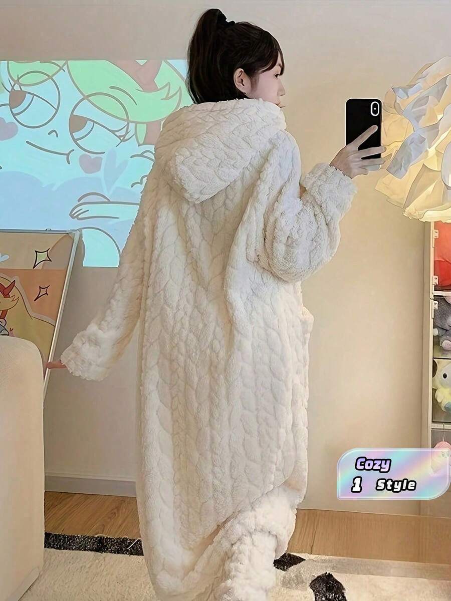 【加绒连体衣】女士加绒连帽连体衣 - 长袖保暖,带口袋,舒适家居服/睡衣,柔软加绒,适合居家、办公或睡眠穿着,可机洗,纯色 - 彩色 - 查看 1