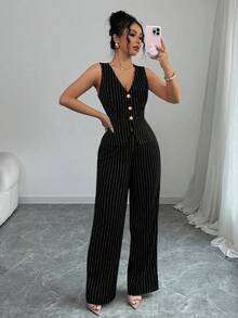 SHEIN Elenzya 女款黑白條紋正式套裝，收腰A字無袖背心，夏季休閒優雅辦公商務風，復古派對穿搭 - 黑色 - 查看 6