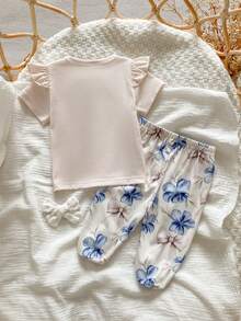 Newborn Infant Summer Short Sleeve Top And Long Pants Set,Cute Adorable Bow Pattern,Soft Comfortable Fabric,Beige Family Matching Pastel Holiday Wear - Apricot - View 2