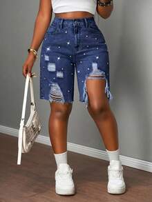 Slaydiva Plus Size Women Casual Everyday Wear Distressed Pocket Button Denim Shorts - Dark Wash - View 1