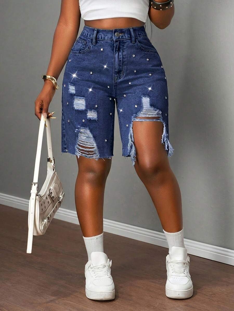 Slaydiva Plus Size Women Casual Everyday Wear Distressed Pocket Button Denim Shorts - Dark Wash - View 1