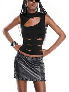 Airlisse Áo croptop không tay khoét eo gợi cảm dành cho nữ - màu đen - Xem 4