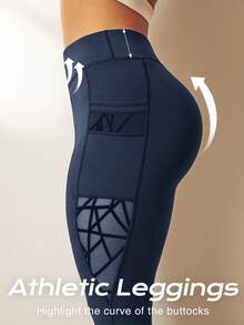Slayform Slayform Plus Size Women's Asymmetrical Functional Leggings, Tight-Fitting, Tummy Control Pockets, Mesh & Fleece Fabric Long Pants Yoga Pants Sports - Navy Blue - View 3