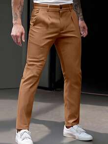 Calvornis Men's Casual Solid Color Slant Pocket Pants - Camel - View 3