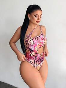 SHEIN SXY Áo tắm liền thân gợi cảm họa tiết da báo và hoa, khoét rỗng, dành cho nữ, phong cách nghỉ mát biển. - Nhiều màu - Xem 7