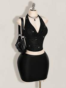 SHEIN ICON 女士夏季街头性感水钻露背吊带紧身短款背心 - 黑色 - 查看 9