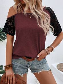 EMERY ROSE Women's Casual Sexy Contrast Lace Asymmetrical Shoulder T-Shirt, Summer Golf Pastal - Burgundy - View 5