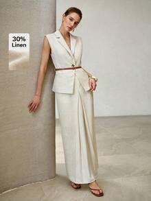 PREMIUM WOMEN'S LINEN BLEND SLEEVELESS LAPEL COLLAR WAISTCOAT, SPRING/SUMMER - Apricot - View 1