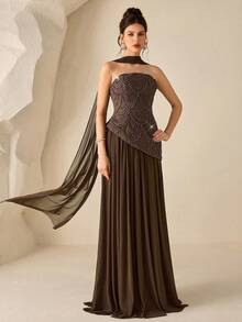Coutiva Elegant Strapless Water-Soluble Pearl-Embroidered Backless 2 In 1 Dress,Formal Evening Gown With Full Skirt For Prom,Birthday Party&Wedding Reception - Brown - View 6