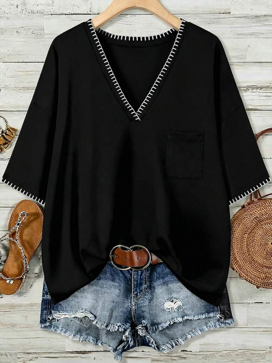EMERY ROSE Casual Minimalist Handmade Shell Flower Decor V-Neck Loose T-Shirt For Plus Size Women, Black Top, Suitable For Summer - Multicolor - View 1