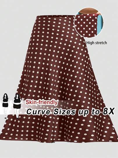 SHEIN CURVE+ Chân váy chấm bi cỡ lớn, chân váy dài màu nâu, chân váy màu nâu dành cho nữ.