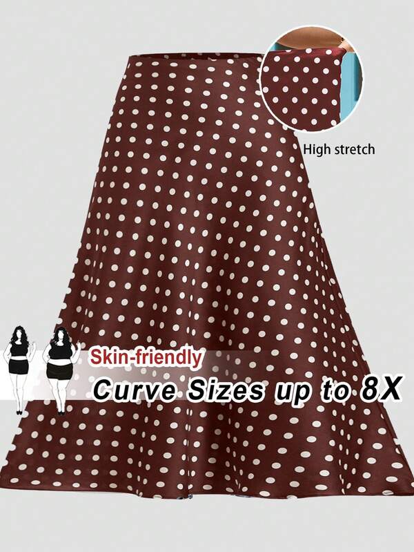 SHEIN CURVE+ Chân váy chấm bi cỡ lớn, chân váy dài màu nâu, chân váy màu nâu dành cho nữ.