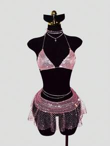 EgrlEra Women's Sexy Super Short Skirt, Rhinestone Embellished Fishnet Fabric, Suitable For Party Occasions - Baby Pink - View 8