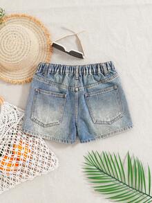 SHEIN Shorts en jean taille haute élastique bleu clair délavé style Y2K pour préadolescentes, shorts d'été bohème de plage, shorts chics décontractés pour festival de musique, shorts de vacances, de remise des diplômes, nouveaux shorts en jean streetwear doux printemps/été - Jean clair - Voir 2