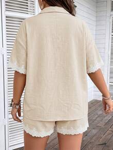 EMERY ROSE Plus Size Lace Patchwork Front Button Blouse And Shorts Casual 2 Pieces Set - Apricot - View 2