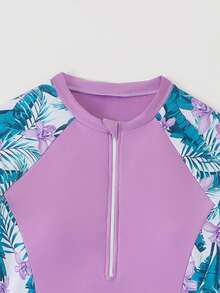 SHEIN Teen Girls Tankini Bikini Set,Pink,Summer,Beach,Holiday,Holiday,Lavender Purple Tropical Floral Leaf Raglan Sleeve Crew Neck Front Zipper Shorts 2pcs - Purple - View 4