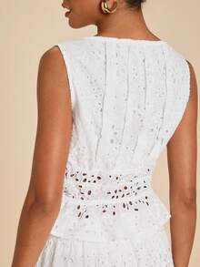 Travachic Women's Hollow Embroidered Boat Neck Ruffle Hem Sleeveless Top - White - View 2