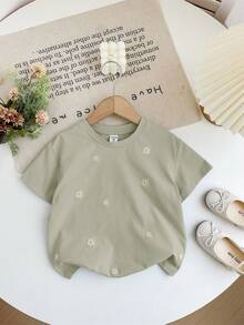 SHEIN LMoss Kids Young Girl Embroidered Loose Fit Crew Neck Casual T-Shirt - Olive Green - View 7