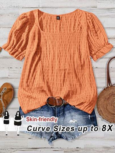 SHEIN CURVE+ Áo thun cổ tròn in họa tiết Paisley cỡ lớn mùa hè, dành cho người có vóc dáng đầy đặn, trang phục đi biển phong cách Boho cho nữ/váy đi biển/trang phục đi biển/đồ cần thiết đi biển/váy tốt nghiệp/váy dự tiệc trà, áo màu xanh navy, áo tay phồng, áo màu xanh đậm, áo mùa hè, áo cỡ lớn mùa hè/mùa thu/mùa đông