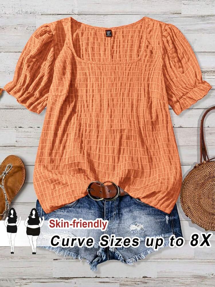 SHEIN CURVE+ Camisa de cuello redondo con estampado de paisley talla grande para verano, curva plus, atuendos bohemios de vacaciones en la playa para mujer/vestido de playa/atuendos de vacaciones en la playa/esenciales de playa/graduación/vestido de fiesta de té Blusa azul marino de manga abullonada Blusa azul oscuro Blusa de verano talla grande Blusa de verano/otoño/invierno - Naranja - Añade 1