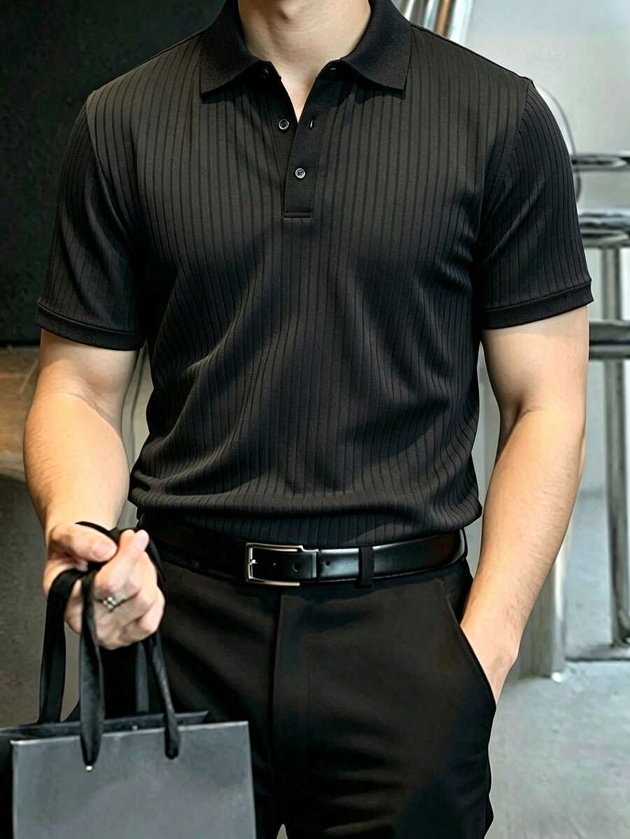 JOLTRO 男士休閒純色半鈕扣短袖 Polo 衫,商務辦公工作黑色夏季正裝 - 黑色 - 查看 1