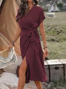 Wandoria Ladies' Solid Color Wrap Tie Dress Maxi Vacation Beach Outfits Women - Maroon - View 3
