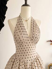 Vestido de mujer elegante y clásico vintage, vestido de lunares con cuello de halter ajustado y lazo para primavera/verano - Caqui - Ver 4