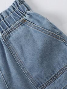 SHEIN 女童休闲牛仔短裤，夏季新品，时尚弹力腰带，甜美可爱风格，适合户外、购物、度假，浅蓝色水洗牛仔短裤 - 淺色水洗藍 - 查看 5