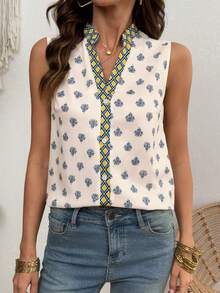 Balvessa Women's New Sleeveless Printed Shirt For Spring/Summer Vacation Office White And Blue Floral Casual - Multicolor - View 3
