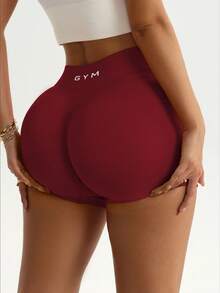 Sweetra Core Rhythm 1pc Red Waistband Sports Shorts, Seamless Knit High Elasticity Comfortable Yoga, Fitness, Outdoor Sports,For Hiking, Trekking, Gym,Summer - Burgundy - View 7