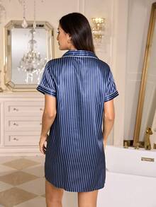 LuxeNights Faux Silk Striped Lapel Cardigan Nightgown - Blue and White - View 2