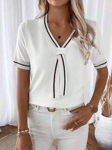 EMERY ROSE 女士条纹拼接短袖休闲针织上衣 - 白色 - 查看 3