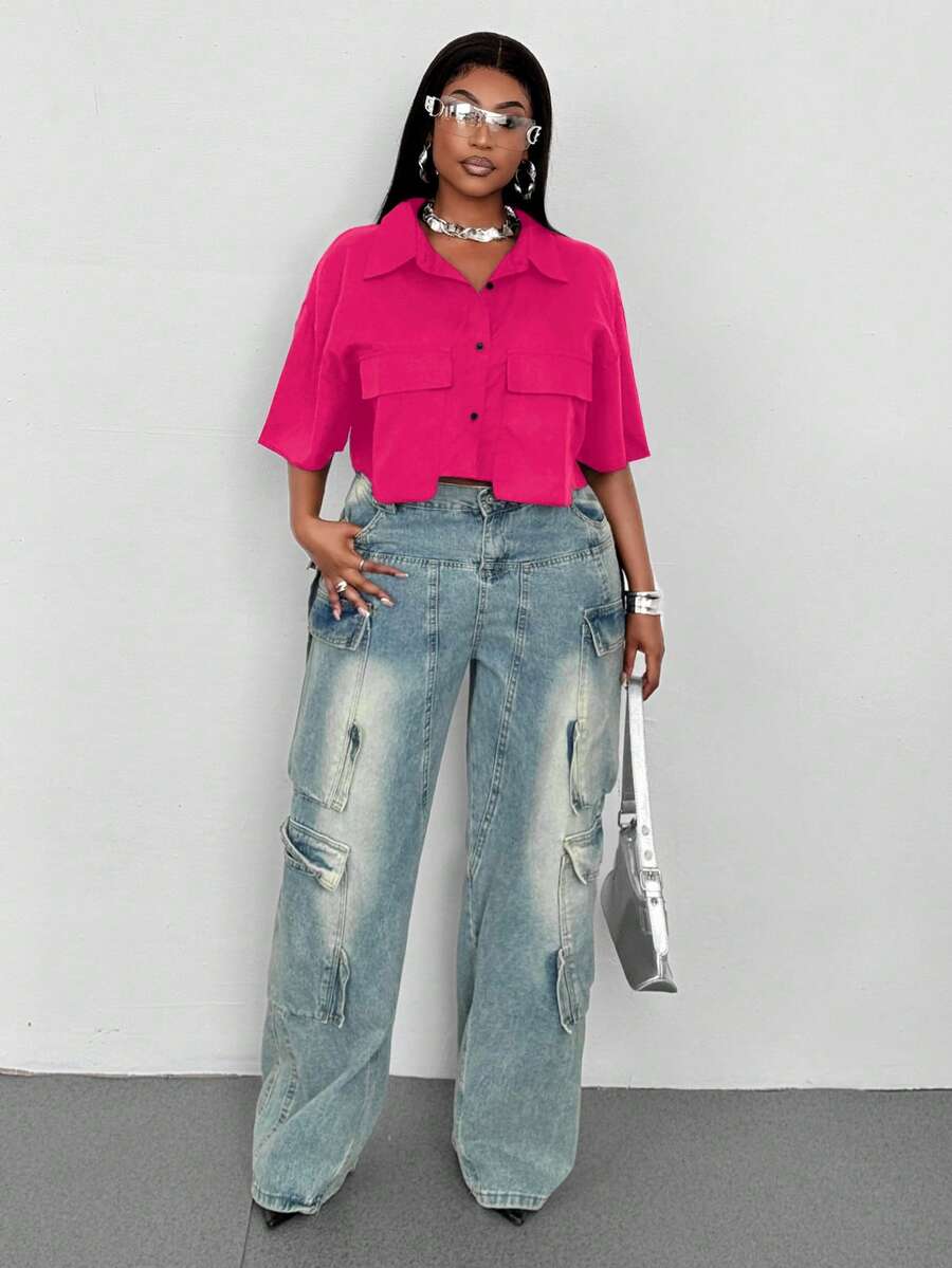 Maweii Plus Size Women Solid Color Short Pocket Shirt Women Outfit Set Denim Outfit Women - Hot Pink - View 1