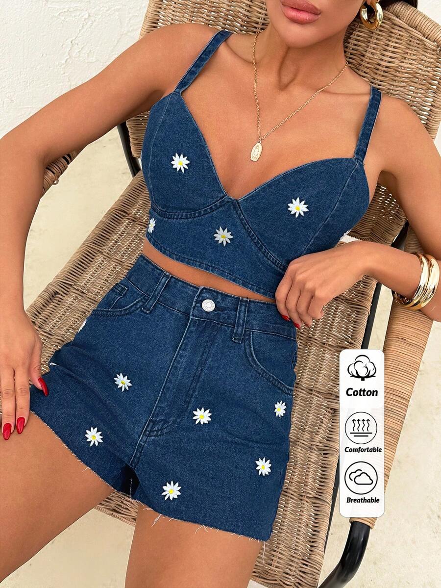 SHEIN Women Flower Embroidered Cami Top & Short Denim Two Pieces Set - Medium Wash - View 1