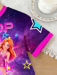 少女T恤套装，酷炫K-POP星空主题，紫色底色搭配霓虹星星和闪亮女团图案，短袖+短裤，青春偶像风 - 彩色 - 查看 6