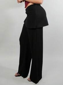 Dania Mndz Shop Women's 2 In 1 Pants, Leather Buckle Decor, Black Straight-Leg Trousers, Back To School,Black Dress Pants,Fall Pants - Black - View 5