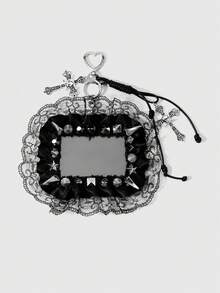 ROMWE Goth 1個Y2K龐克暗黑風黑白繫帶手機鍊，亮面水鑽皇冠骷髏十字星鉚釘蝴蝶結蕾絲卡套DIY鑰匙圈包包吊飾 - 黑色-18 - 查看 5