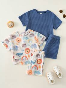 SHEIN 4pcs/Set Baby Boy/Girl White Cartoon Pattern Round Neck Raglan Sweatshirt And Loose Casual Cute Sports Shorts Set Guest Wedding Summer - Multicolor - View 7