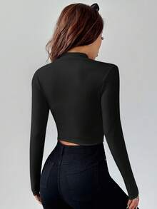 SHEIN PETITE 簡約休閒基本款秋冬半高領拉鍊領V領長袖修身彈性女上衣，適合嬌小女性 - 黑色 - 查看 2