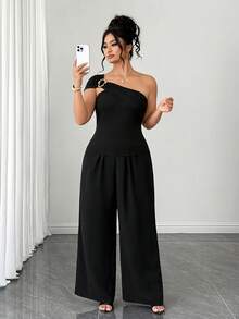 SHEIN Clasi Setelan Kasual 2 Potong Wanita Ukuran Besar Warna Polos dengan Hiasan Logam di Bahu dan Celana Panjang Lebar, Cocok untuk Olahraga, Musim Panas, Warna Cokelat. - Hitam - View 6