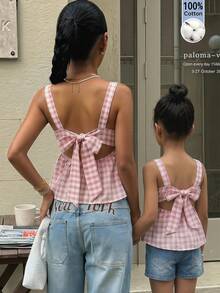 年轻女孩格子方领休闲吊带衫 - 粉色 - 查看 1
