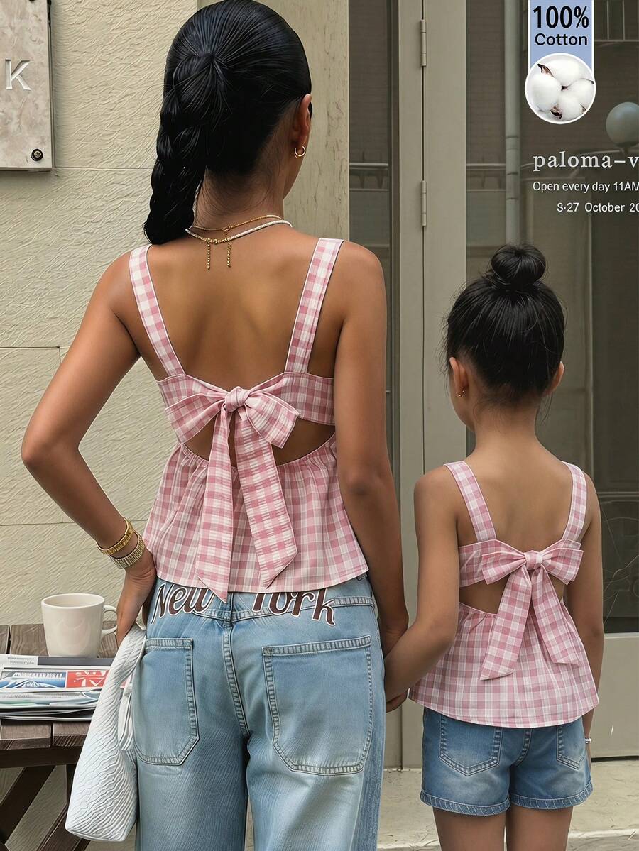年轻女孩格子方领休闲吊带衫 - 粉色 - 查看 1