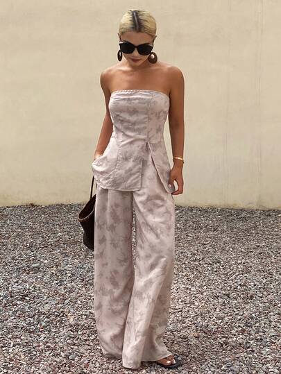 Livesso Conjunto de 2 piezas de top bandeau con abertura y pantalones casuales de verano para mujer