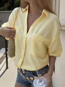 Livesso Camisa feminina casual de manga curta e modelagem solta, ideal para o escritório, passeios na cidade, primavera e verão. - Amarelo - Ver 2